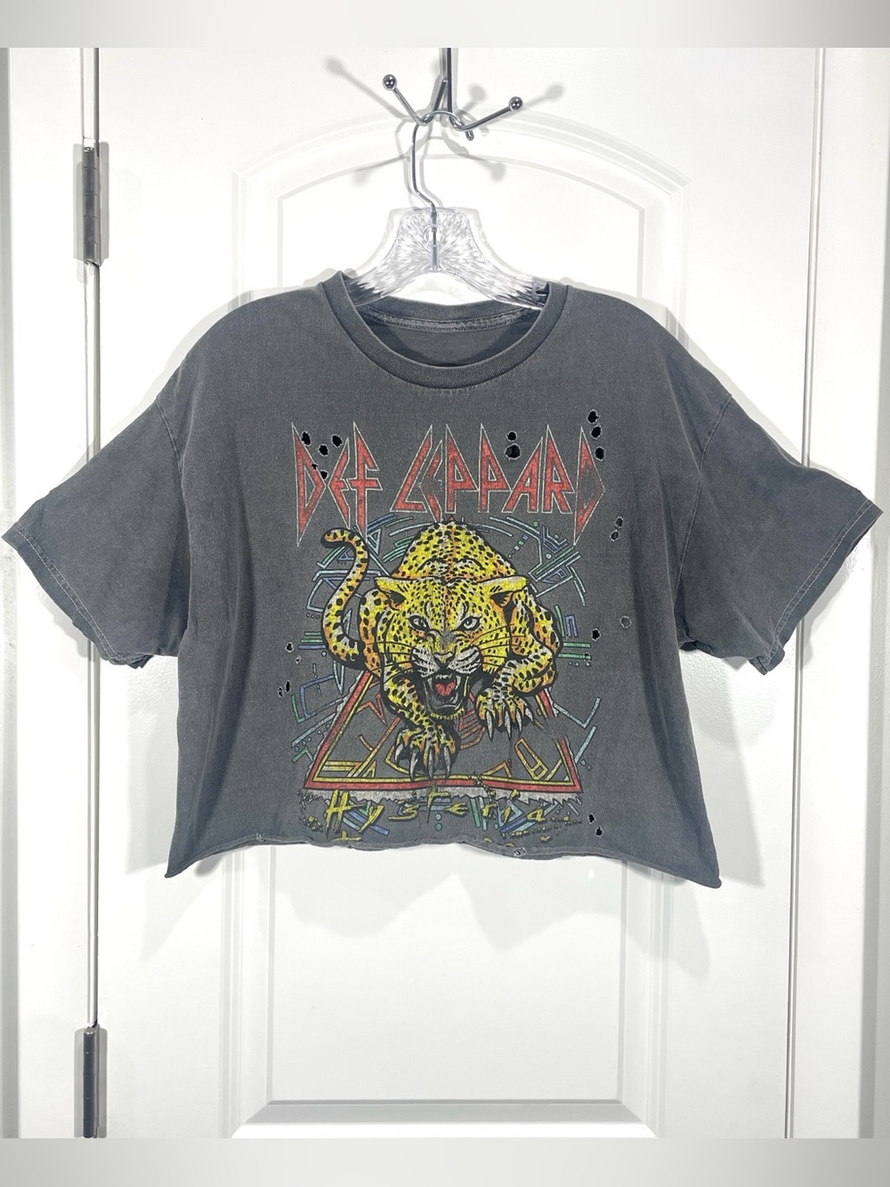 Def Leppard Leopard Graphic Cropped Distressed Band Tee Gray